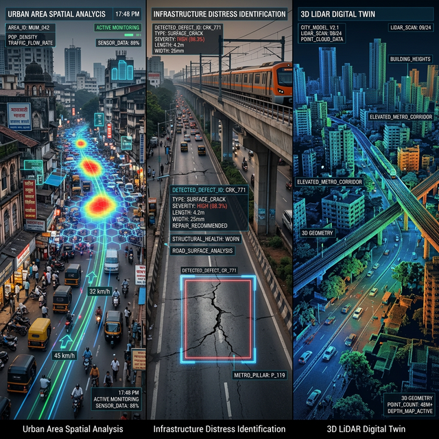 A horizontally split triptych collage of an Indian city showing Urban Area Spatial Analysis, Infrastructure Distress Identification, and a Photorealistic Digital Twin