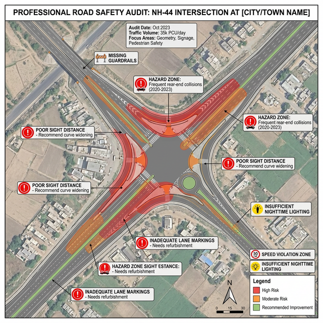 Aerial view of a road junction with safety assessment overlays