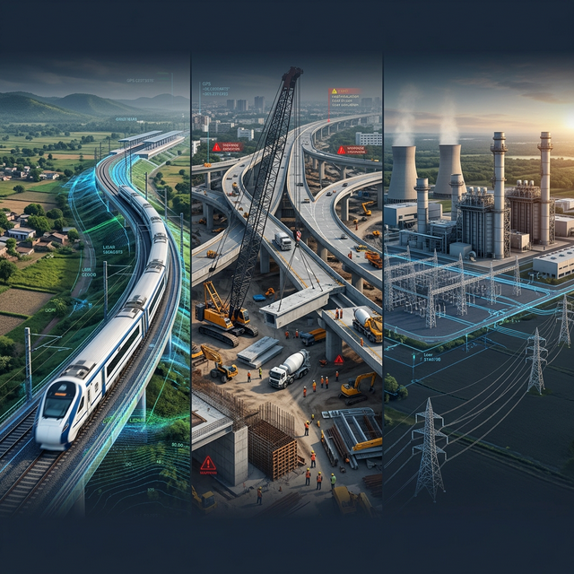 Epic photorealistic collage of Indian Government Infrastructure megaprojects including Railways, Bridges, and Power Plants