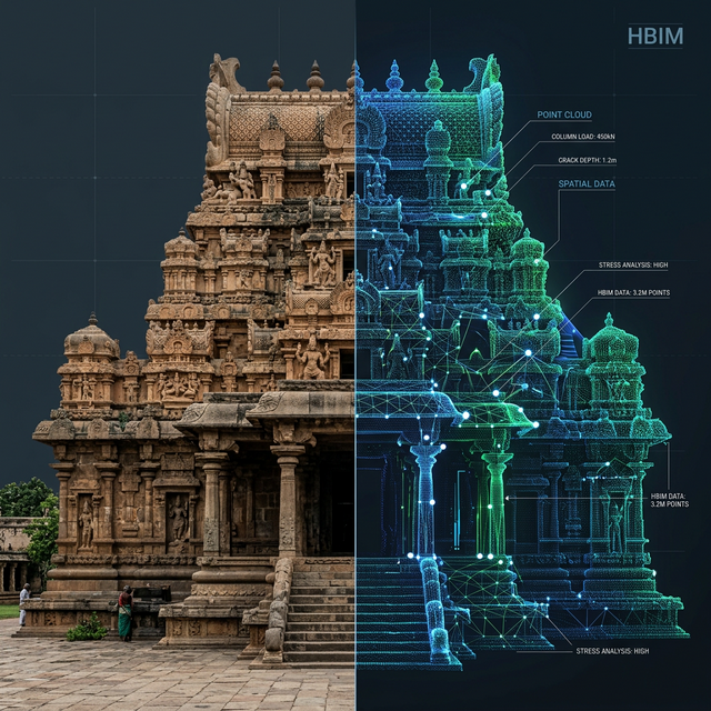 A photorealistic 50/50 split showing a photograph and a Digital HBIM Model twin of a heritage structure