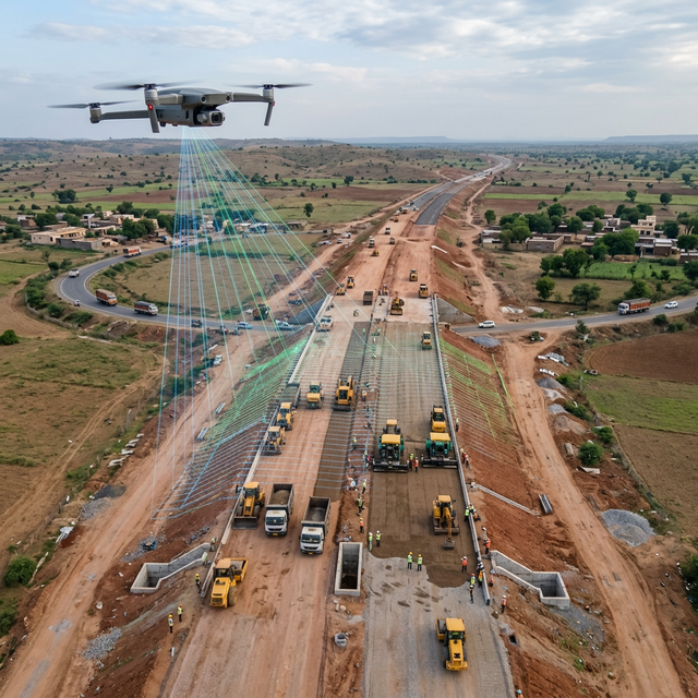 A drone performing a topographical survey over a National Highway under construction in India