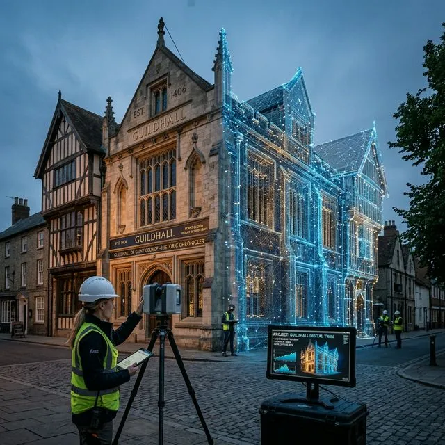 A photorealistic 50/50 split showing a photograph and a Digital HBIM Model twin of a heritage structure